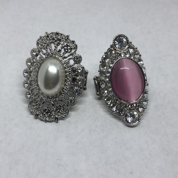 BUNDLE lot 2 statement style big stretch rings faux pearl faux gemstone - Picture 2 of 4